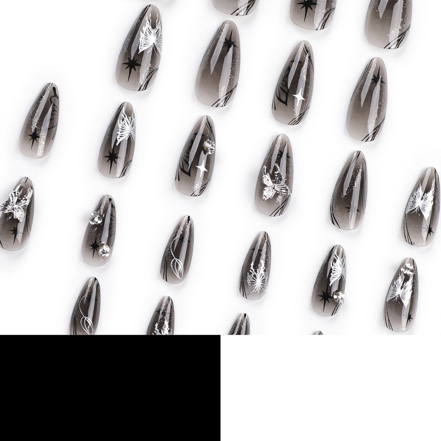 Celestial Glam Stiletto Press-On Nails – Long Nude Black with Silver Butterflies & Stars