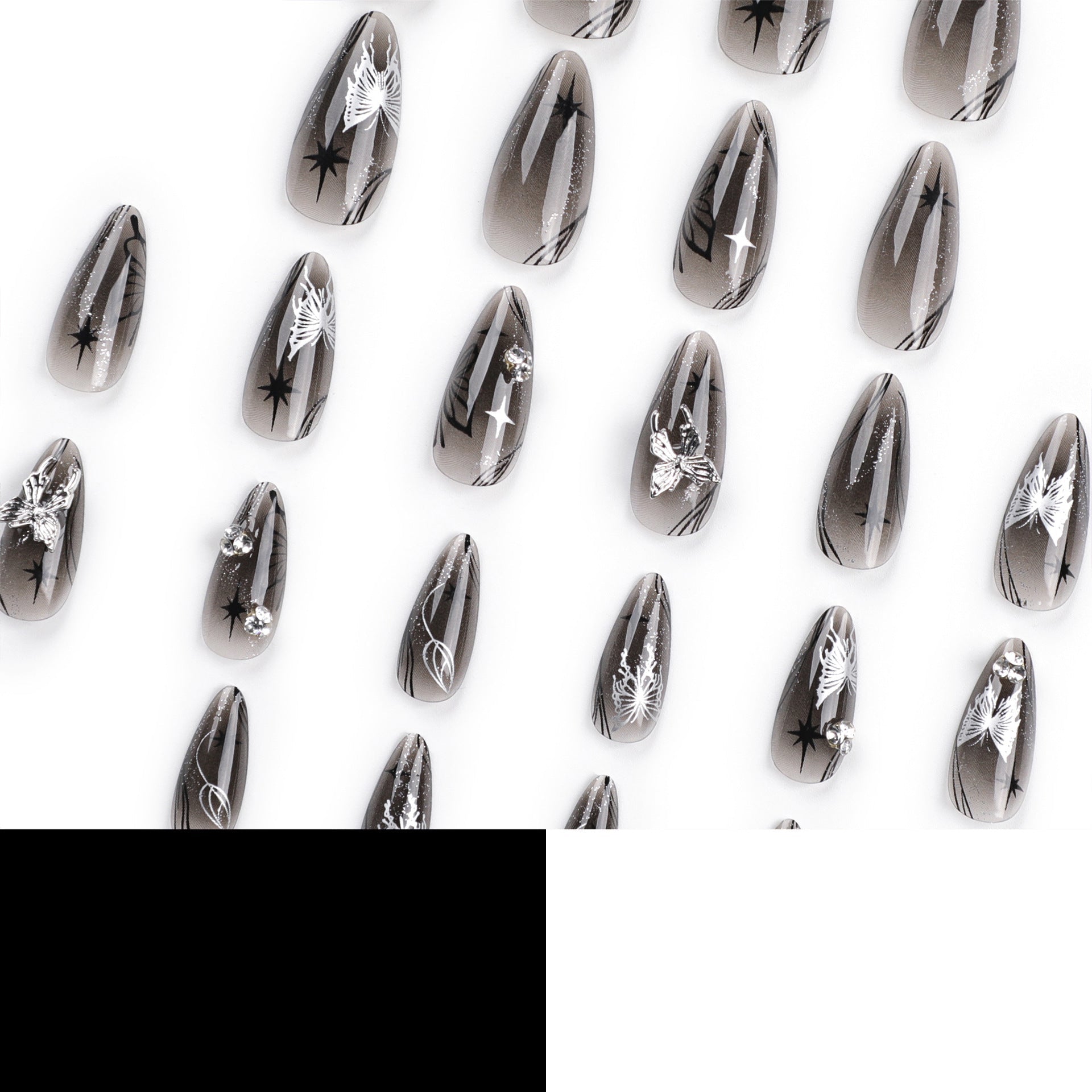Celestial Glam Stiletto Press-On Nails – Long Nude Black with Silver Butterflies & Stars