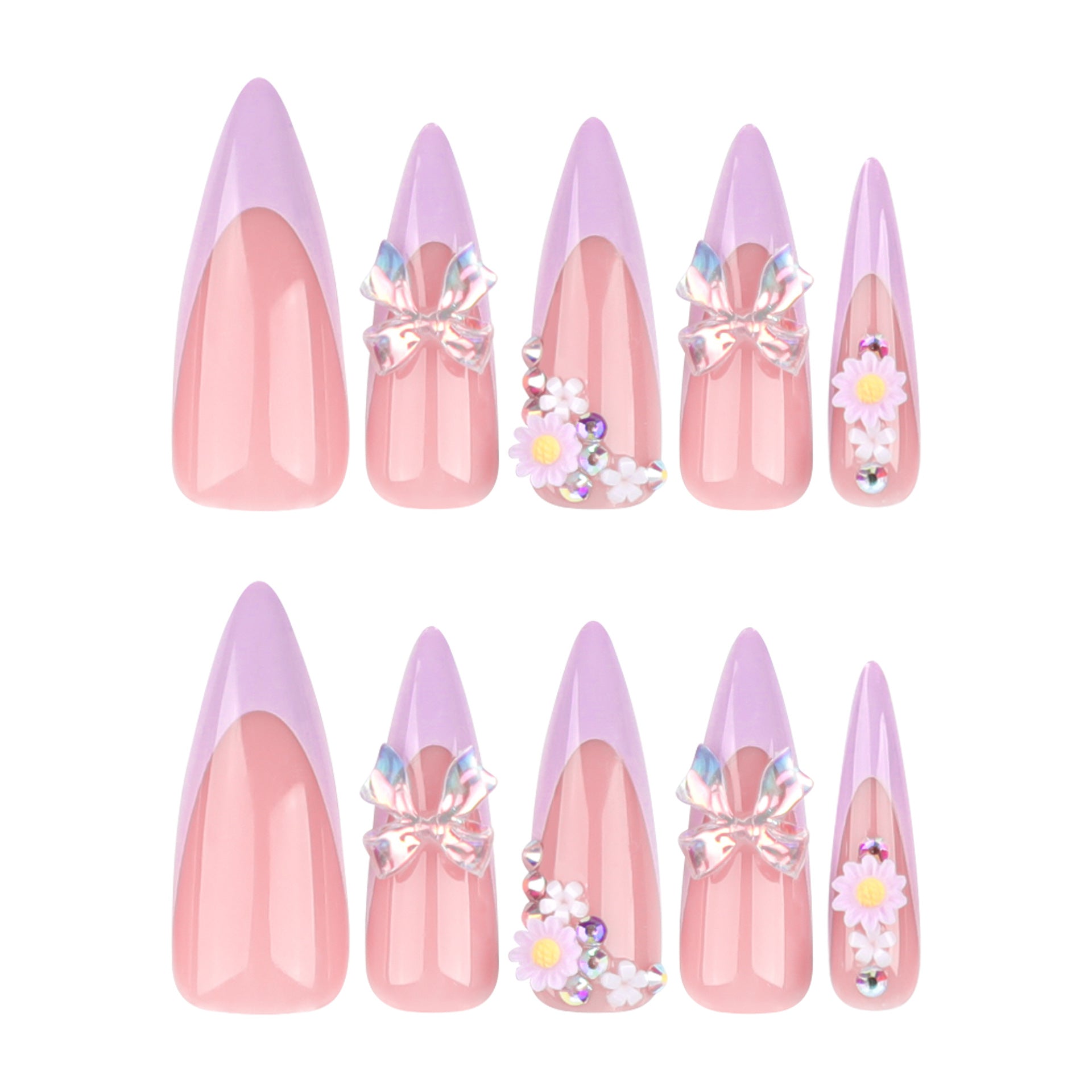 Extra Long Stiletto Press-On Nails – Pink French Tip with 3D Bows & Floral Accents