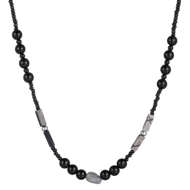 Men’s Black Beaded Necklace – Trendy Natural Design