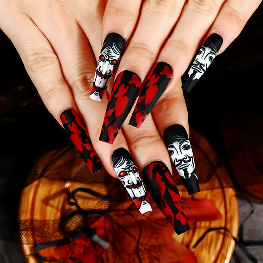 Halloween Horror Character Coffin Press-On Nails – Long Black Red Glue-On Acrylic Set
