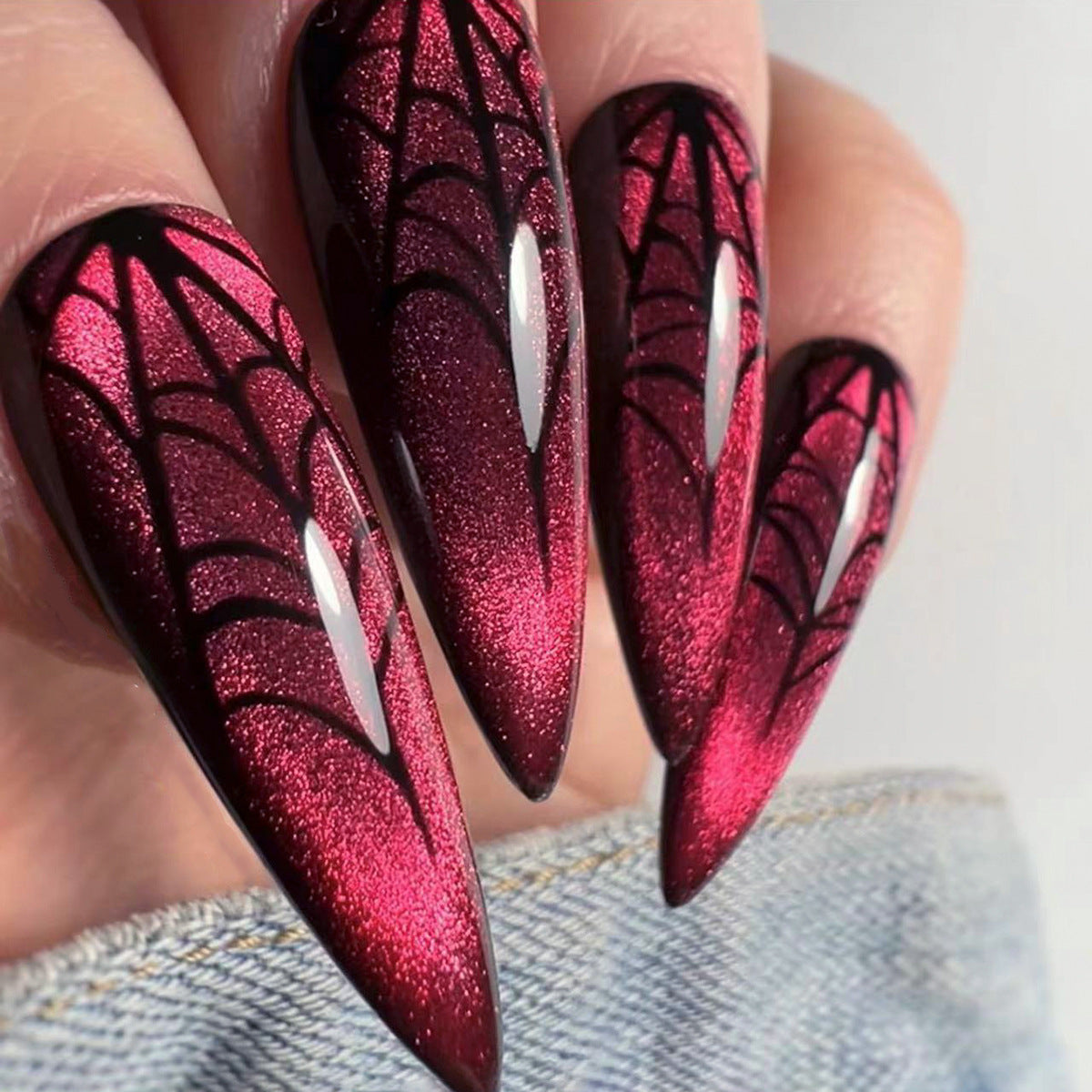 Red Cat Eye Halloween Press-On Nails – Long Stiletto Spider Web Design