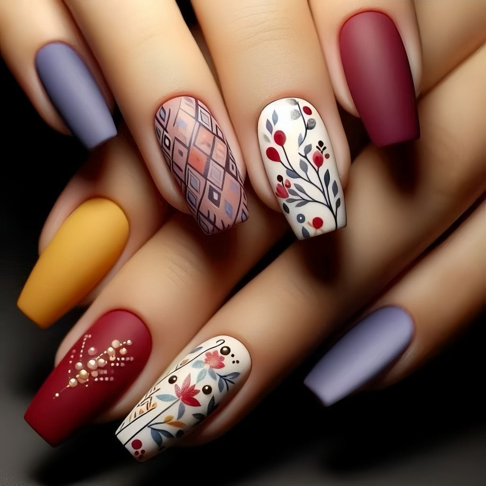 Long Coffin Press-On Nails – Matte Floral & Geometric Acrylic Nail Art Set