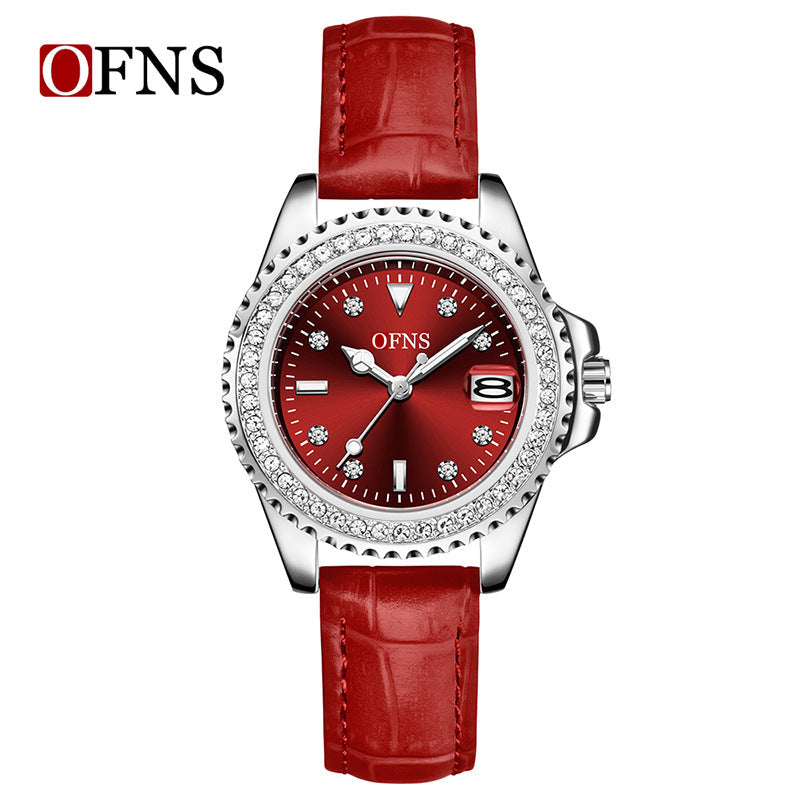 OFNS Women’s Luxury Quartz Watch – Diamond Inlaid Dial, Leather Strap, Waterproof