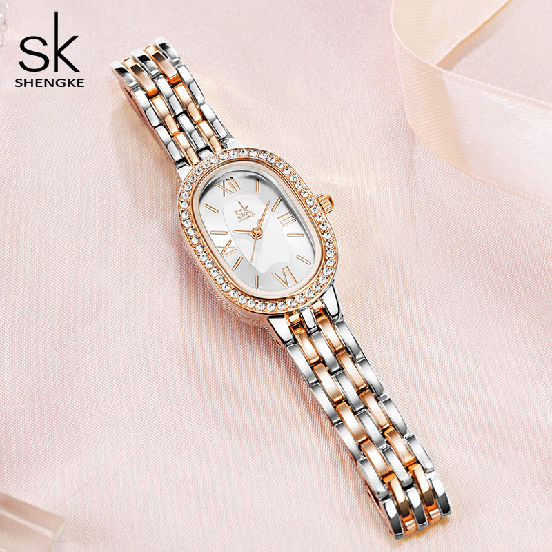 SK Women’s Quartz Watch – Zircon Oval Dial, Waterproof Fashion Alloy Wristwatch
