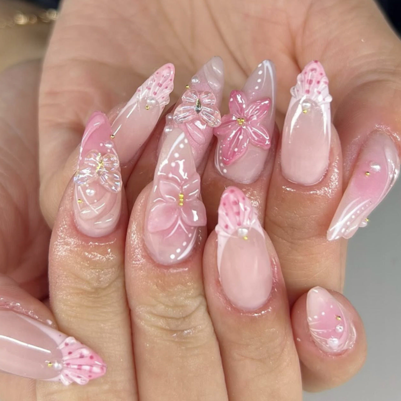 3D Butterfly Floral Press-On Nails – Long Almond Pink & White, Swirl Acrylic Set