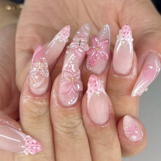 3D Butterfly Floral Press-On Nails – Long Almond Pink & White, Swirl Acrylic Set