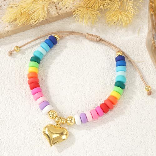 Rainbow Beaded Bracelet for Women – Handwoven Soft Pottery Love Charm Jewelry