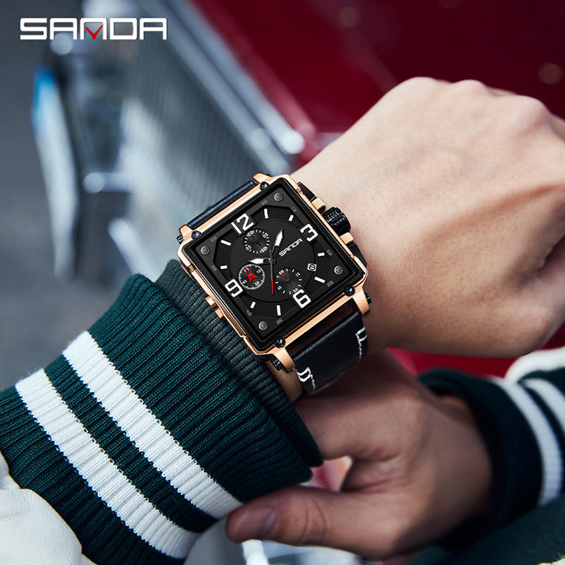 SANDA Luminous Men’s Square Quartz Watch – Leather Strap with Calendar & Small Seconds