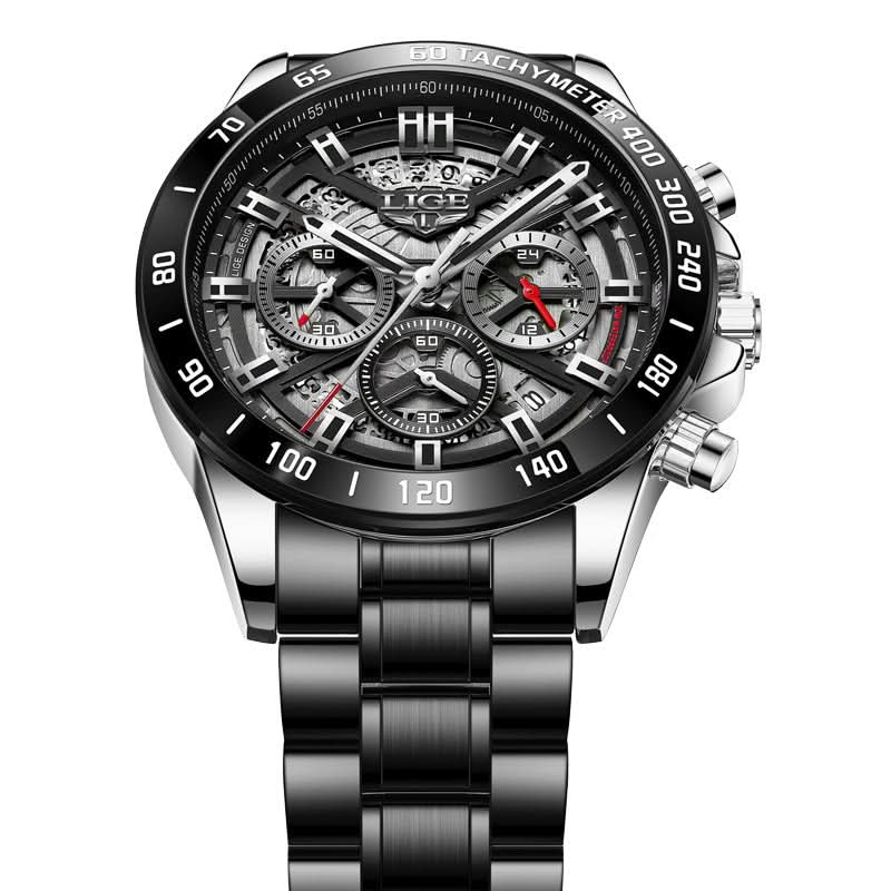 Men’s Skeleton Quartz Chronograph Watch – Stainless Steel Wristwatch