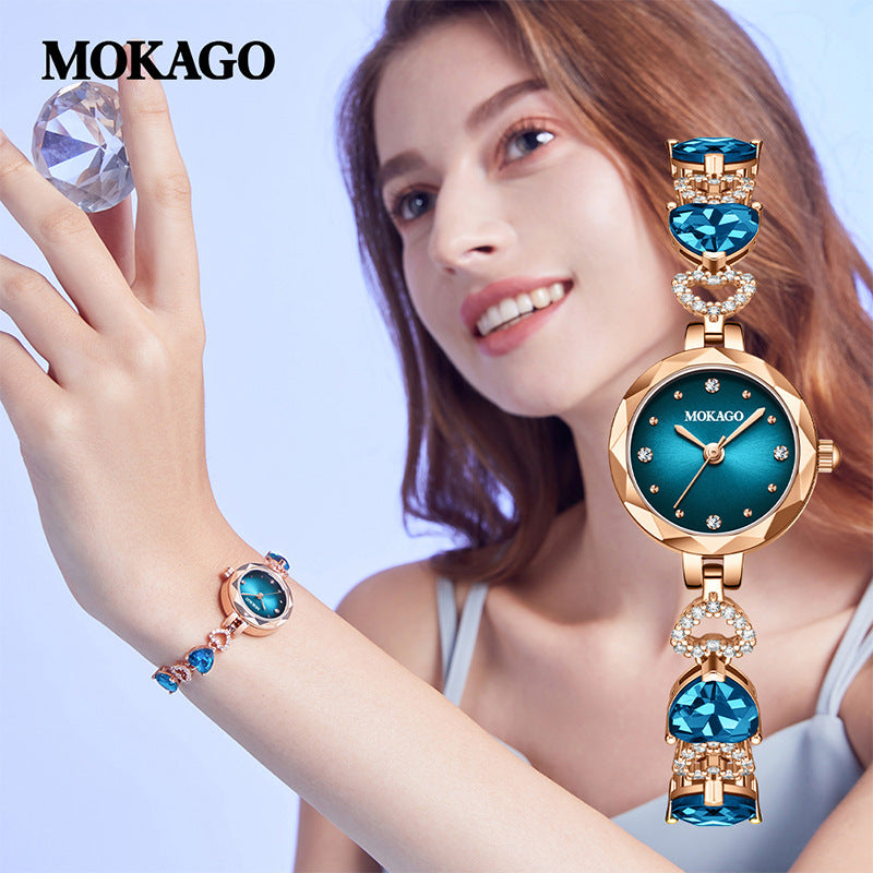 Mokago Women’s Crystal Bracelet Watch – Heart-Shaped Blue Dial, Waterproof Timepiece