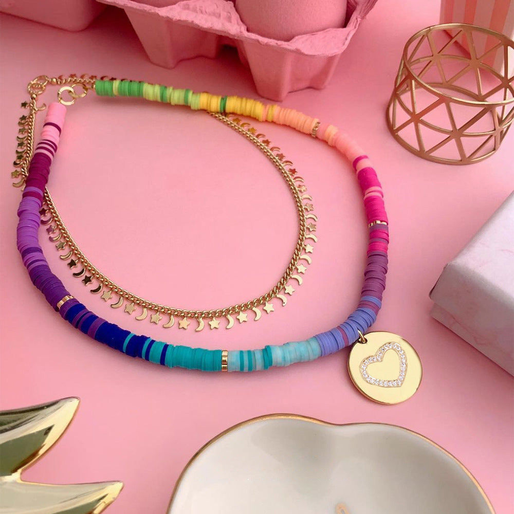 Bohemian Rainbow Heart Necklace – Colorful Soft Clay Pendant Jewelry for Women