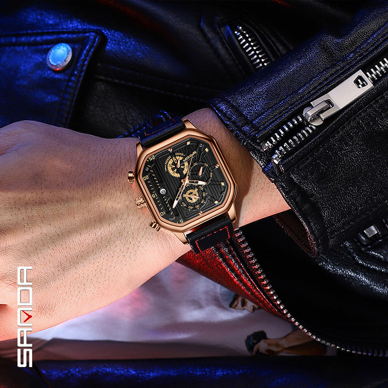 SANDA Men's Leather Square Quartz Watch – Multifunction Calendar Waterproof Timepiece