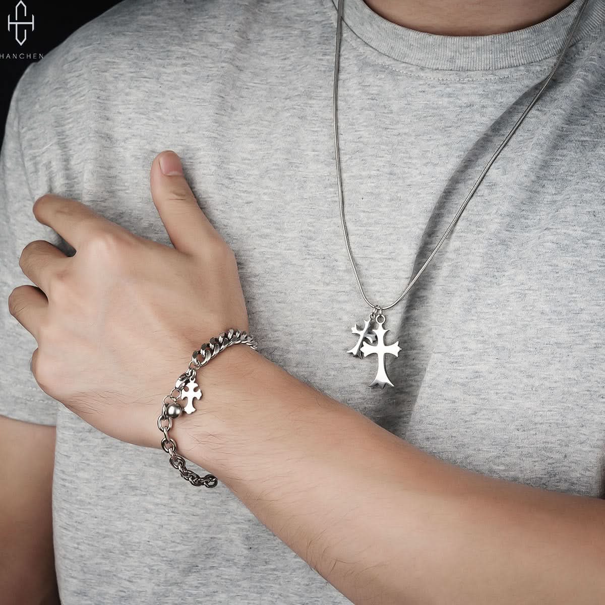 Men’s Double Cross Pendant Necklace & Bracelet – Hip-Hop Fashion Jewelry