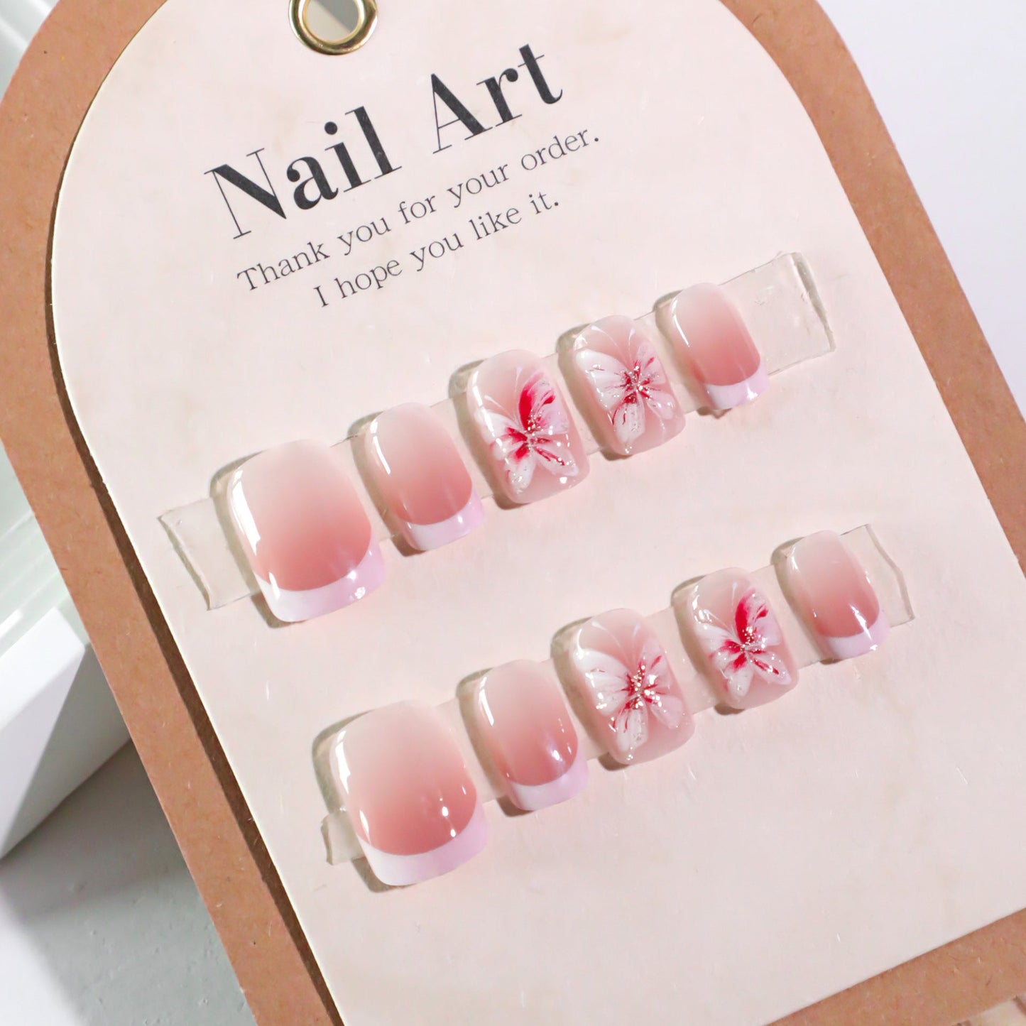 Elegant Pink Floral Press-On Nails – Glossy Square Acrylic Glue-On Set