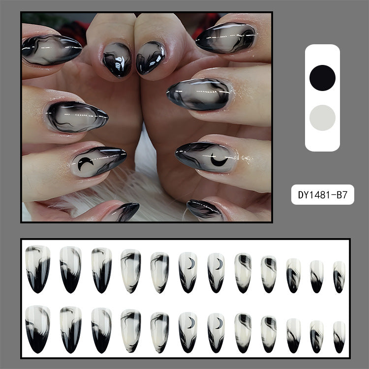Marble French Almond Press-On Nails – Black & Nude Medium Crescent Design Nails