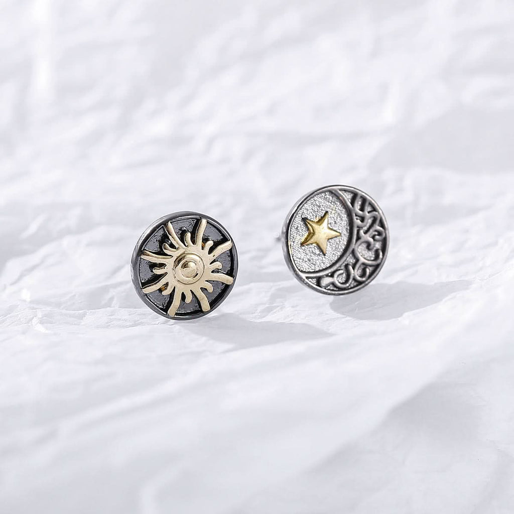 Sun & Moon Stud Earrings – Silver-Gold Unisex Fashion Jewelry