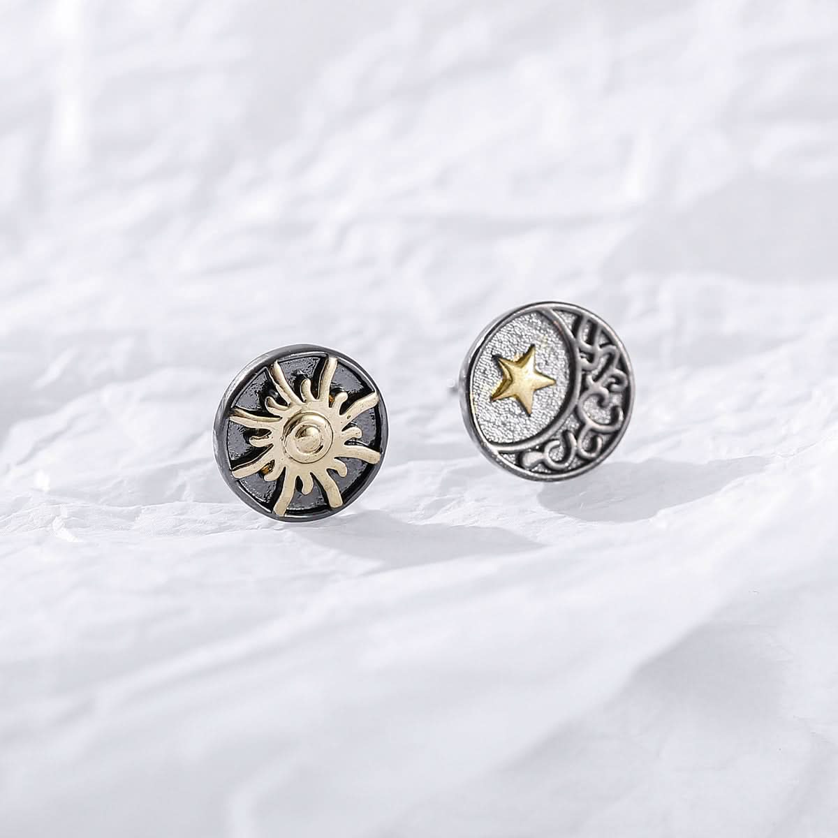 Sun & Moon Stud Earrings – Silver-Gold Unisex Fashion Jewelry
