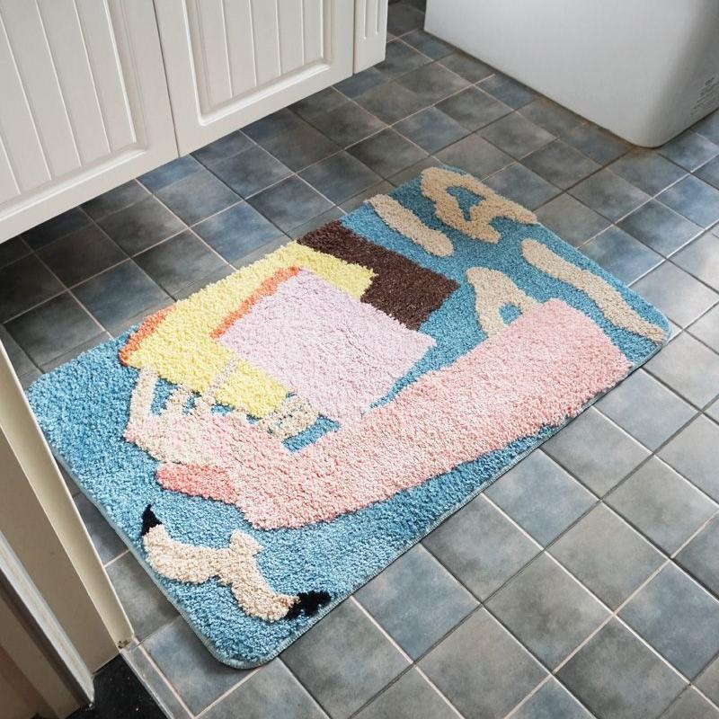 Tufted Bathroom Mat – Soft Oval Rug with Abstract Design Bath Mat for Doorway