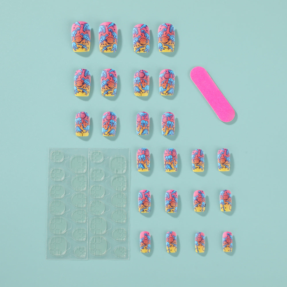 Playful Dinosaur Press-On Nails – Neon Rainbow Square Matte Acrylic Set