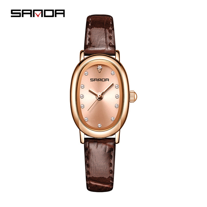 Sanda Women’s Leather Quartz Watch – Diamond Accent Oval Dial, Waterproof Casual Analog Watch