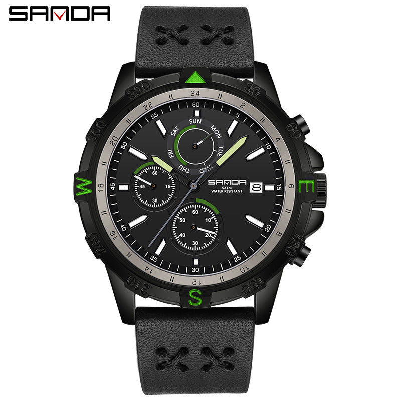 SANDA Men's Outdoor Sports Quartz Watch – Calendar, Detachable Leather Strap