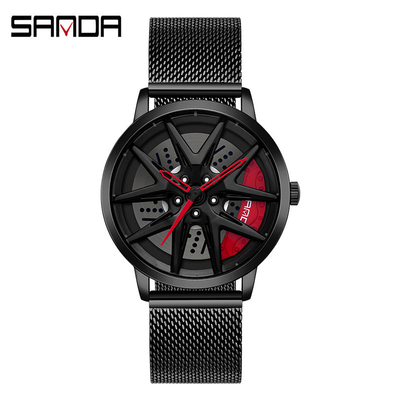 Sanda Men’s Quartz Watch – Wheel Series Dial, Mesh Strap, Waterproof Fashion Timepiece