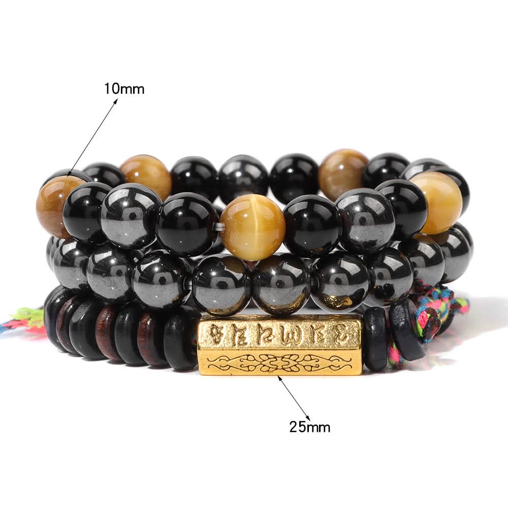 Unisex 3-Piece Tiger Eye & Agate Bead Bracelet Set – Six-Word Mantra