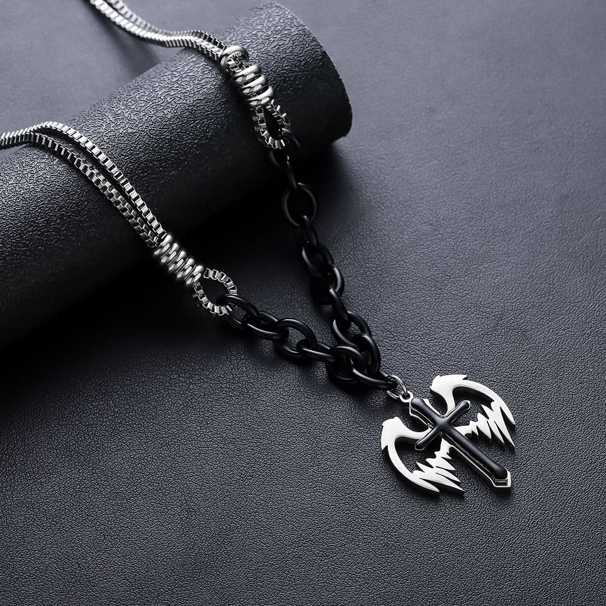 Men’s Feather Cross Double-Layer Necklace – Hip-Hop Style