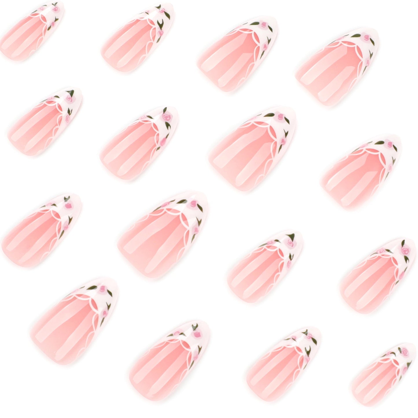 Romantic Floral French Tip Press-On Nails – Almond Shape, Glue-On Set
