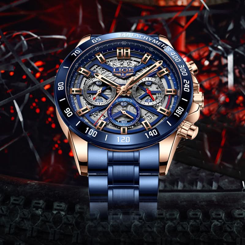 Men’s Skeleton Quartz Chronograph Watch – Stainless Steel Wristwatch