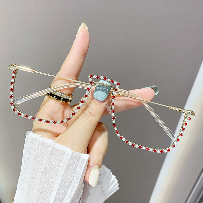 Women’s Rhinestone Decorative Glasses – Half-Frame Trendy Street Style Eyewear
