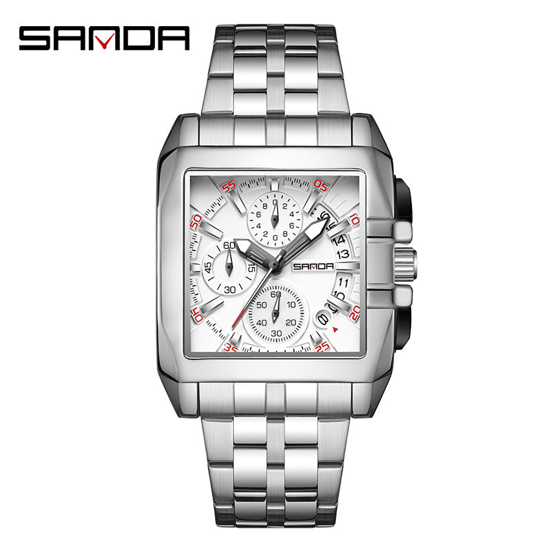 SANDA Luminous Men’s Square Quartz Watch – Stainless Steel Strap with Calendar