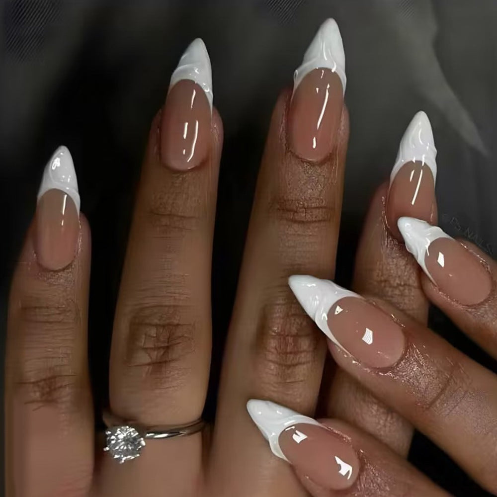 White French Stiletto Press-On Nails – Medium Glue-On Acrylic with 3D Sharp Tip