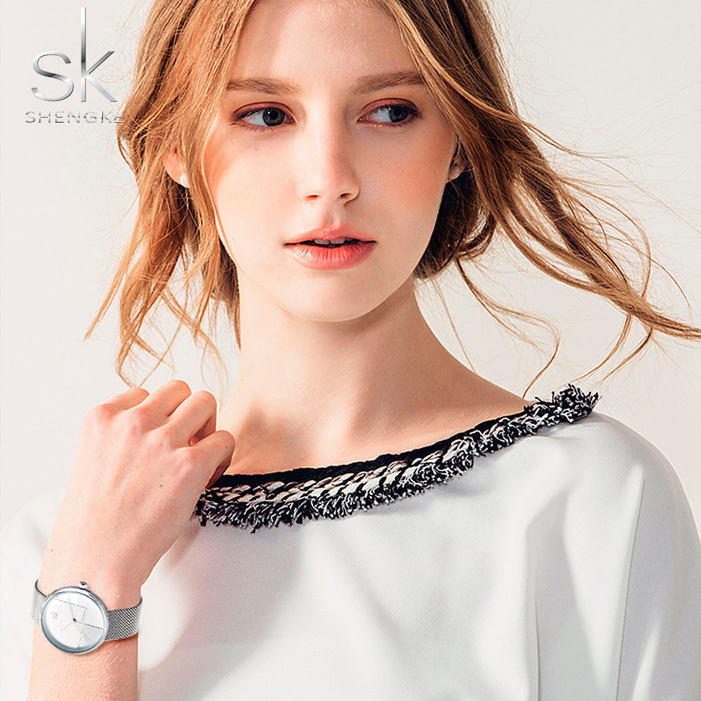 SK Women’s Quartz Watch – Stainless Steel Mesh Strap, Waterproof Fashion Wristwatch