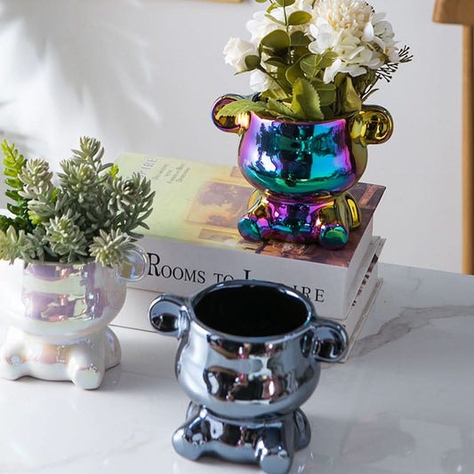 Violent Bear Internet celebrity electroplating ceramic flower pot ornaments colorful pearl cartoon flower pot cross-border anime bear decoration