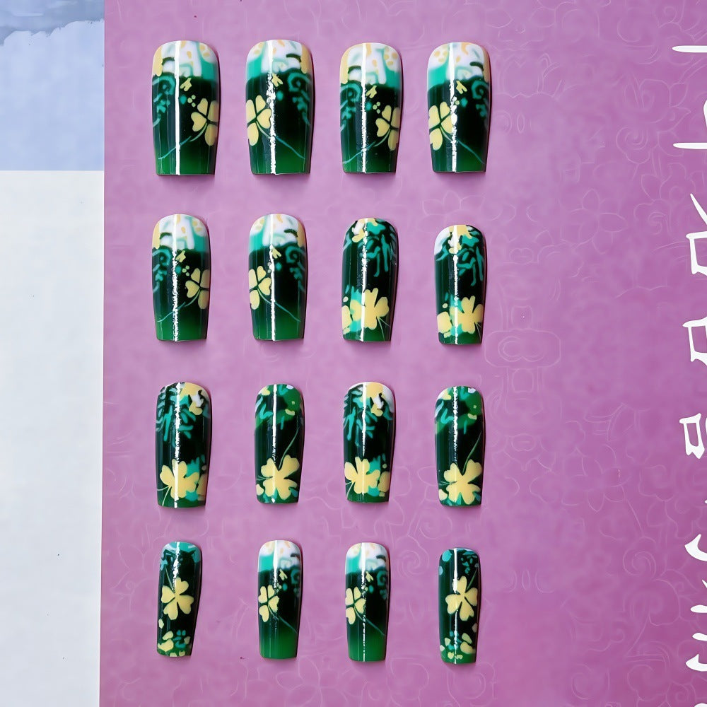 Elegant Floral Glitter Square Press-On Nails – Long Green & Gold Acrylic False Nails