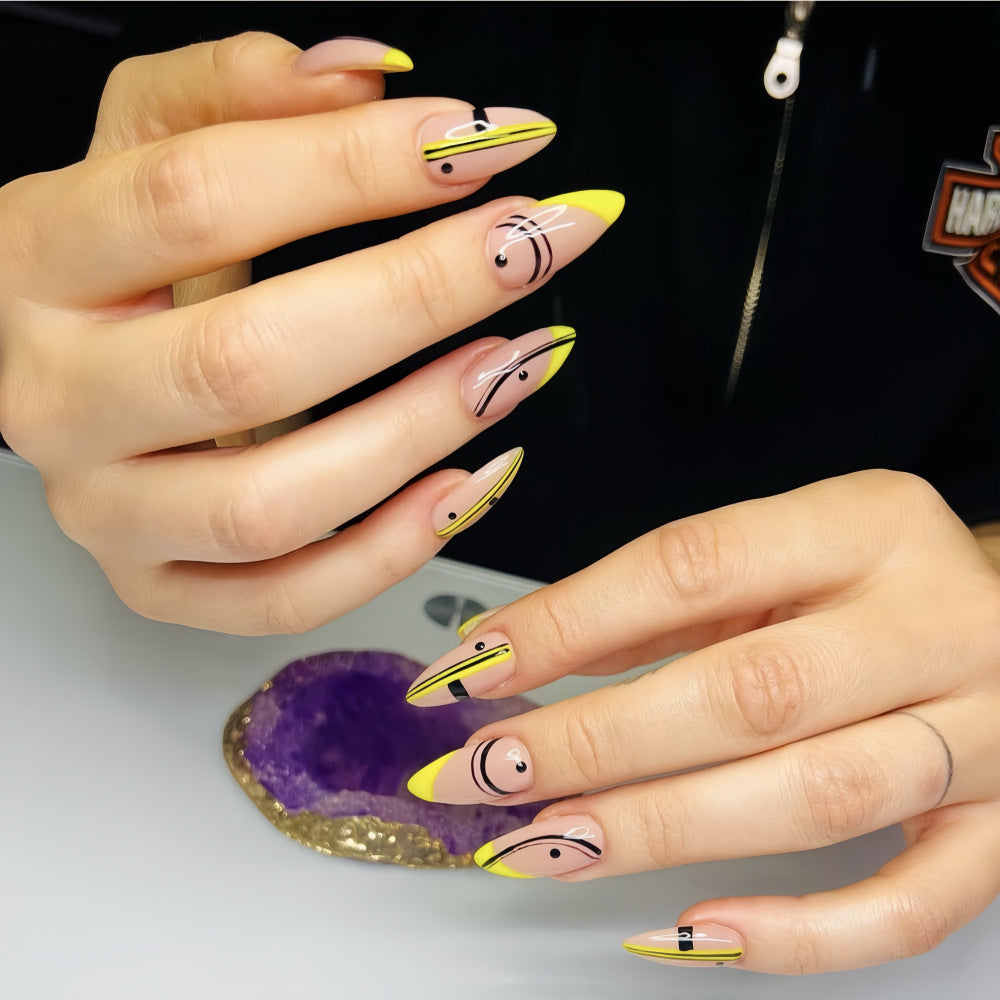 Modern French Tip Almond Press-On Nails – Yellow Nude Geometric Acrylic Set