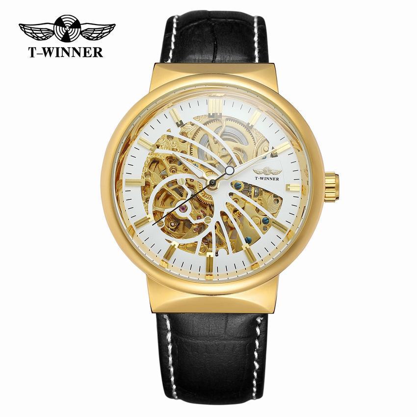 T-WINNER Automatic Mechanical Watch for Men – Waterproof Skeleton Dial Leather Strap
