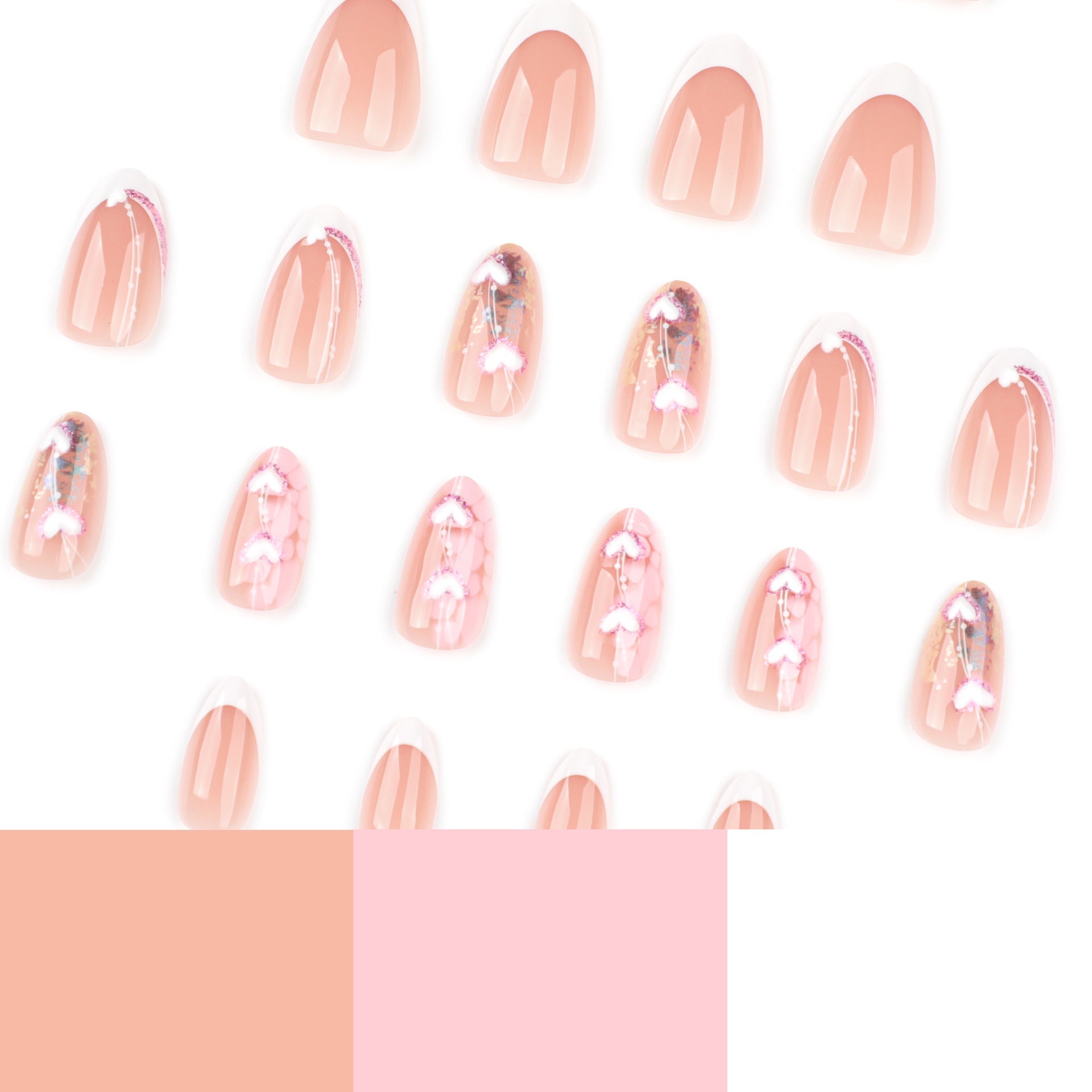 Romantic Oval Press-On Nails – French Tip & 3D Heart Design, Glossy Finish