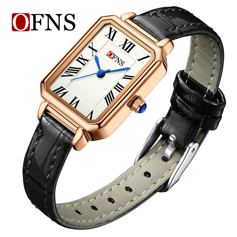 OFNS Women’s Square Quartz Watch – Roman Dial, Leather Strap & Waterproof Design