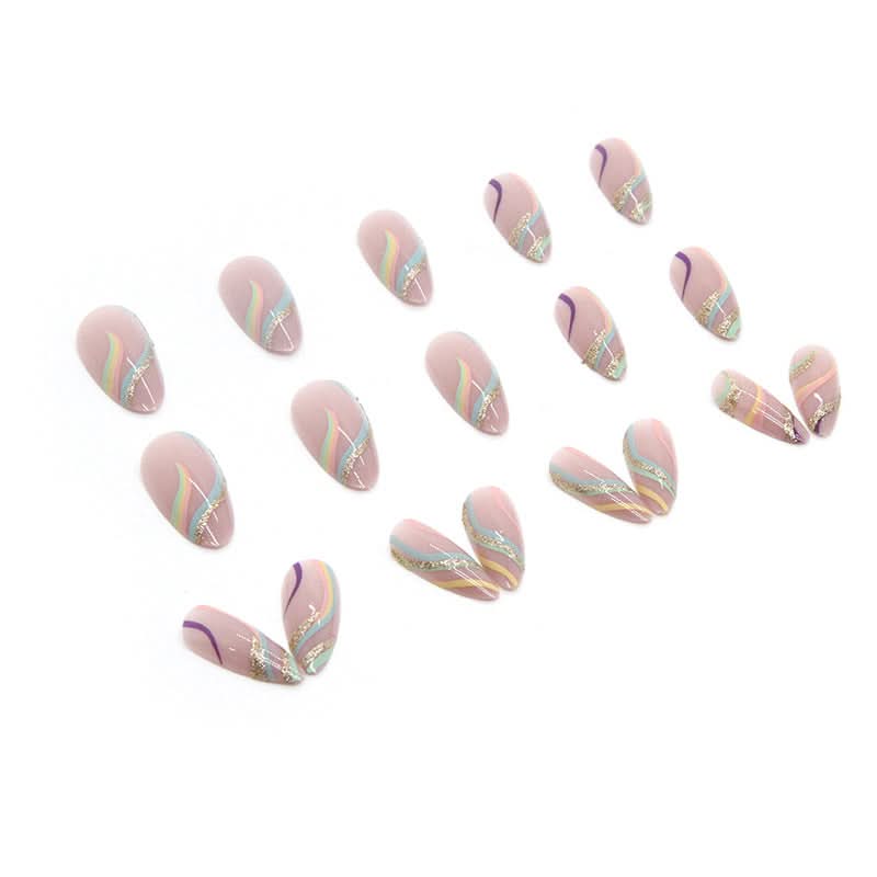 Multi-Color Ripple Shiny Gold Powder False Nails – 24-Piece Set