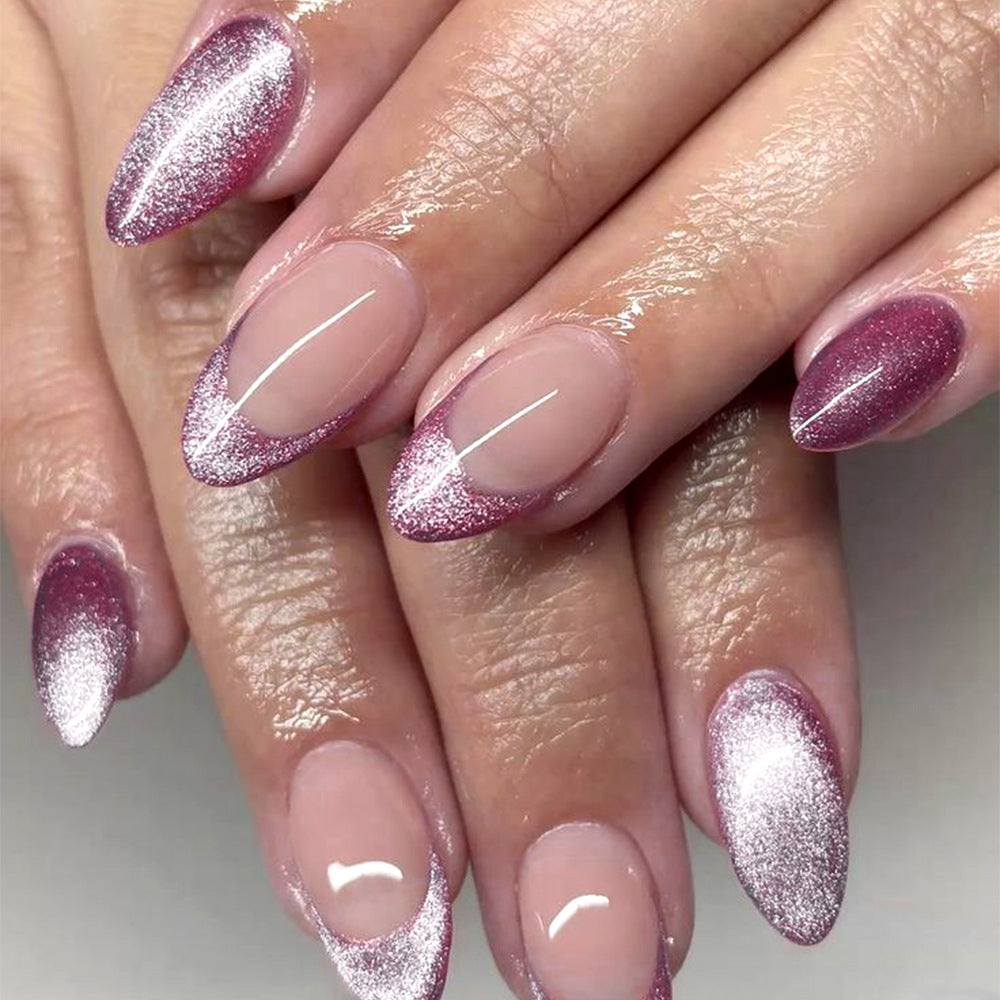Shimmery French Tip Press-On Nails with Glitter Ombre, Almond Acrylic Glue-On Set