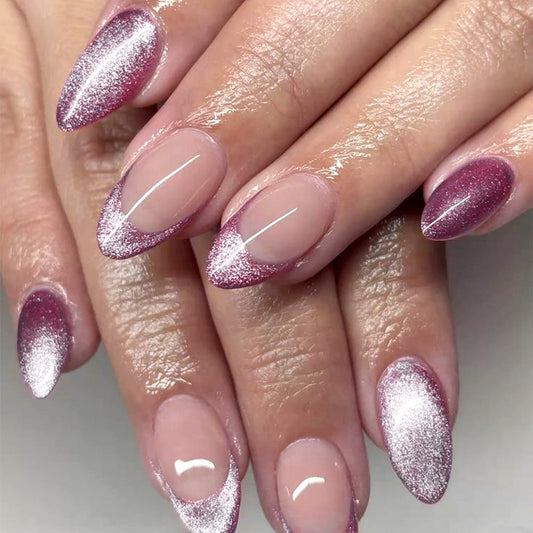 Shimmery French Tip Press-On Nails with Glitter Ombre, Almond Acrylic Glue-On Set