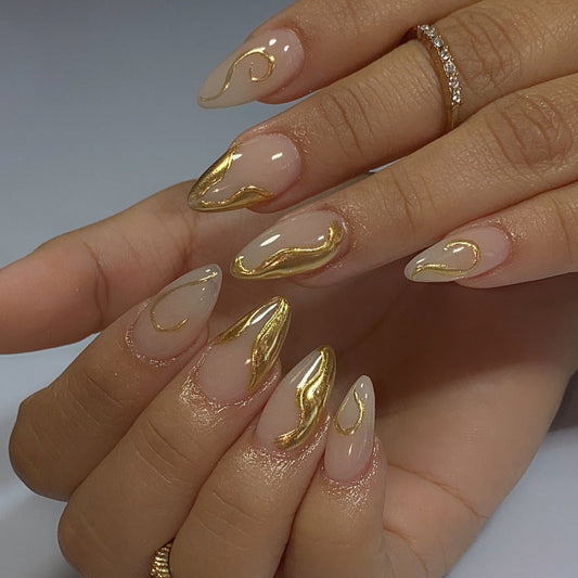 Gold Swirl Almond Press-On Nails – Elegant Medium Glue-On Acrylic Nail Set