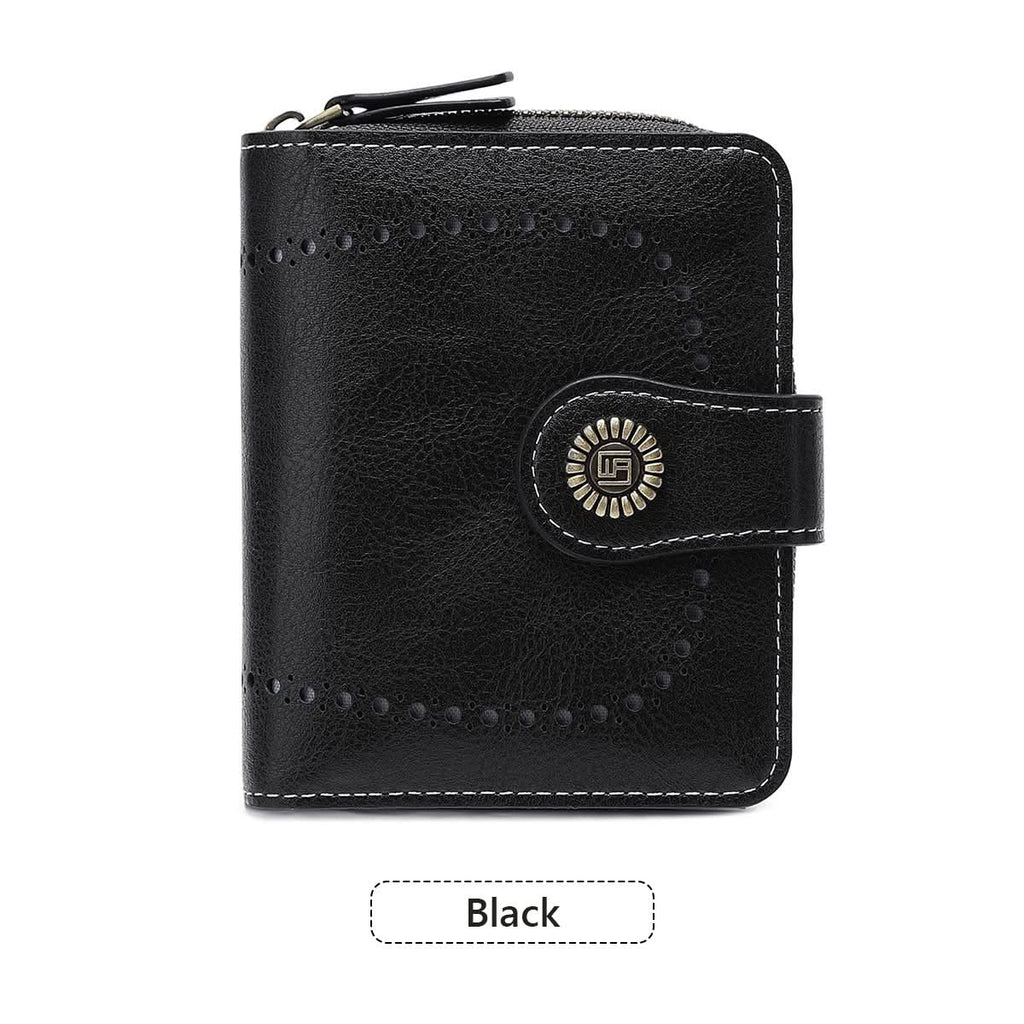 Women's Retro Short Wallet – Hollow Design PU Leather, Zipper & Buckle Closure
