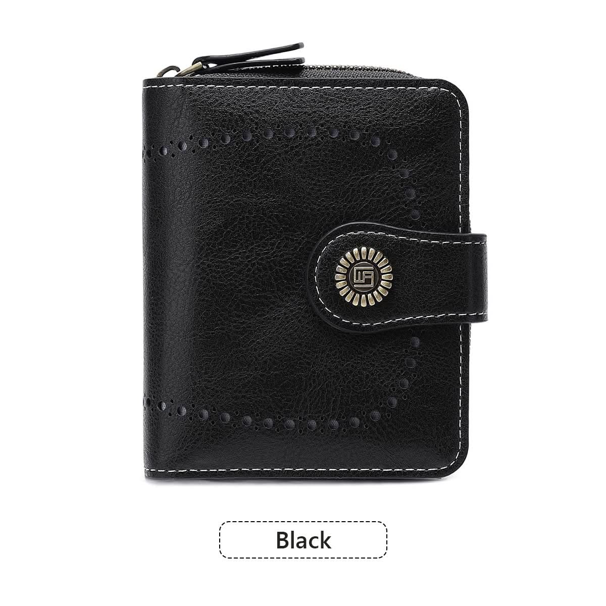 Women's Retro Short Wallet – Hollow Design PU Leather, Zipper & Buckle Closure