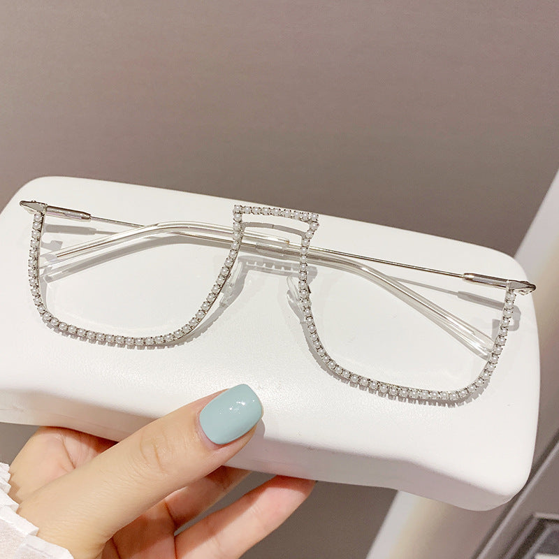 Women’s Rhinestone Decorative Glasses – Half-Frame Trendy Street Style Eyewear