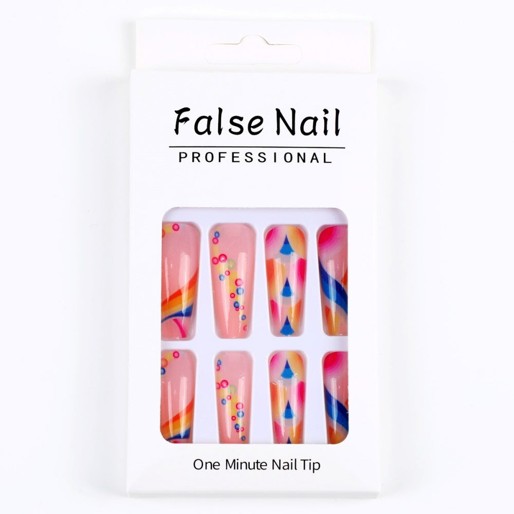 Colorful Abstract Coffin Press-On Nails – Long Glossy Swirl & Dot Design