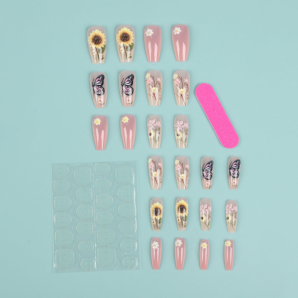 Long Coffin Press-On Nails with Butterfly & Sunflower Design – Floral Acrylic Fake Nails